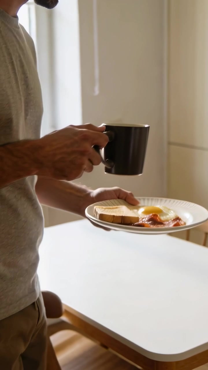 Vertical video: Picking up plate, man holding mug walking kitchen to table, with egg and toast