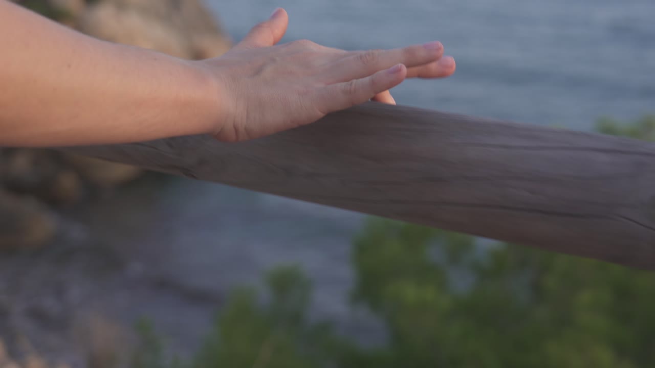한 여성의 손이 해안에 위치한 난간 모양의 나무 줄기를 애무하고 느끼며, 배경에는 일몰 때 푸른 바다를 볼 수 있습니다.