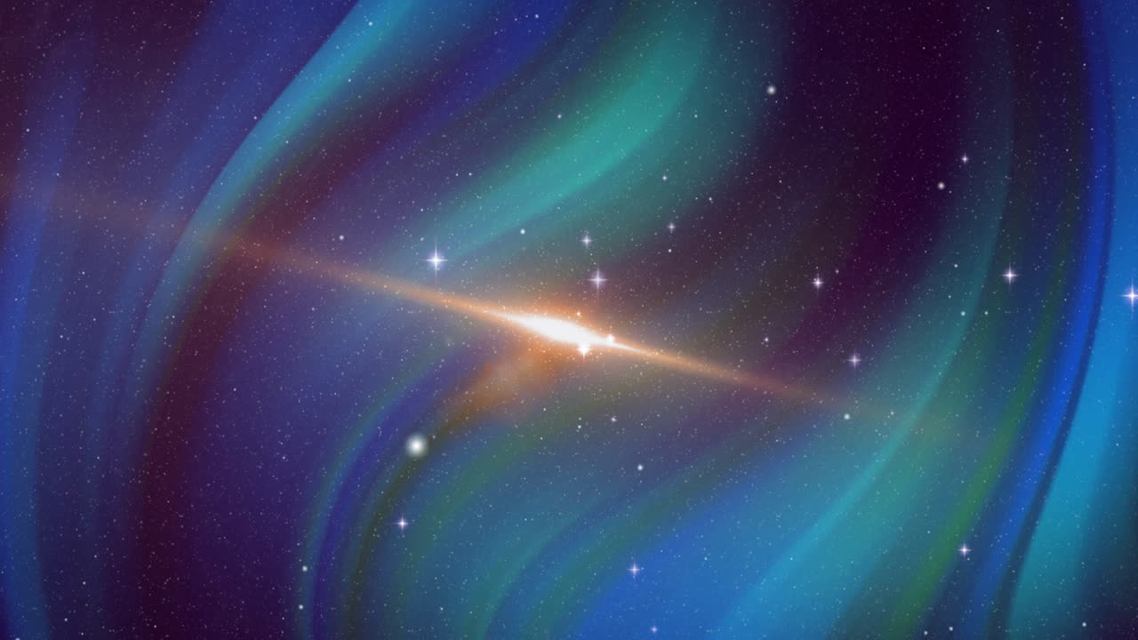 Animation of colourful shapes over space with stars