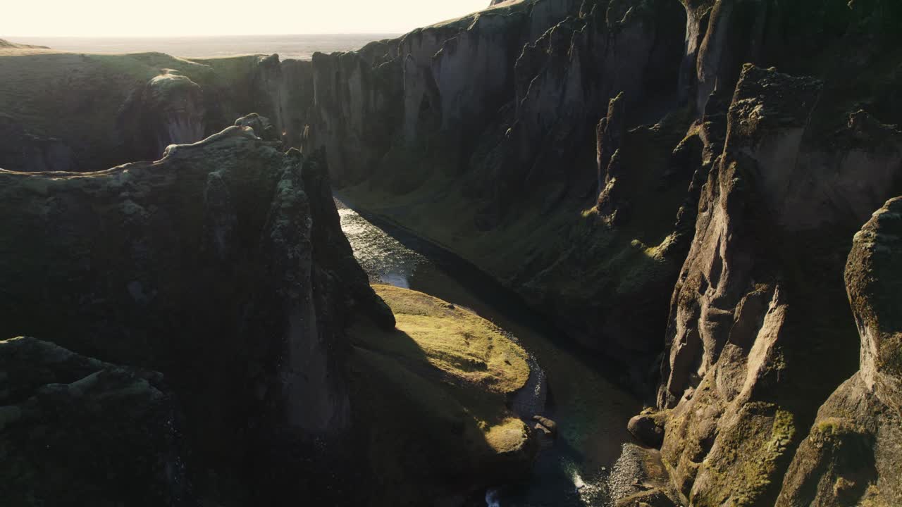  Famous canyon in Iceland, Fja&eth;r&aacute;rglj&uacute;fur, aerial establisher in golden sunset