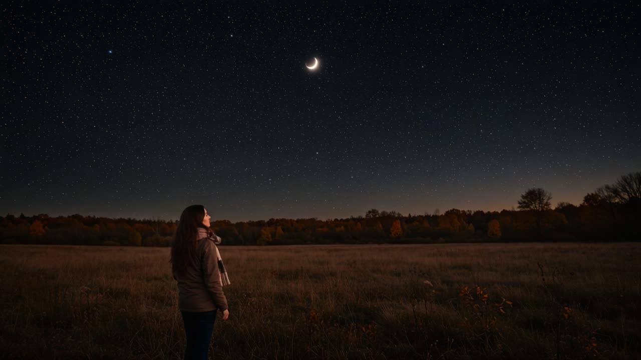Donna che osserva la luna crescente e il cielo notturno stellato in un campo