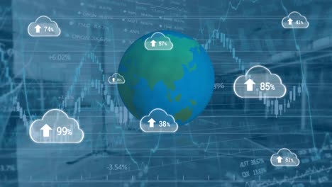 Animación-De-Nubes-Con-Un-Número-Creciente,-Globo-Terráqueo-Y-Mercado-De-Valores-Sobre-Una-Oficina-Vacía