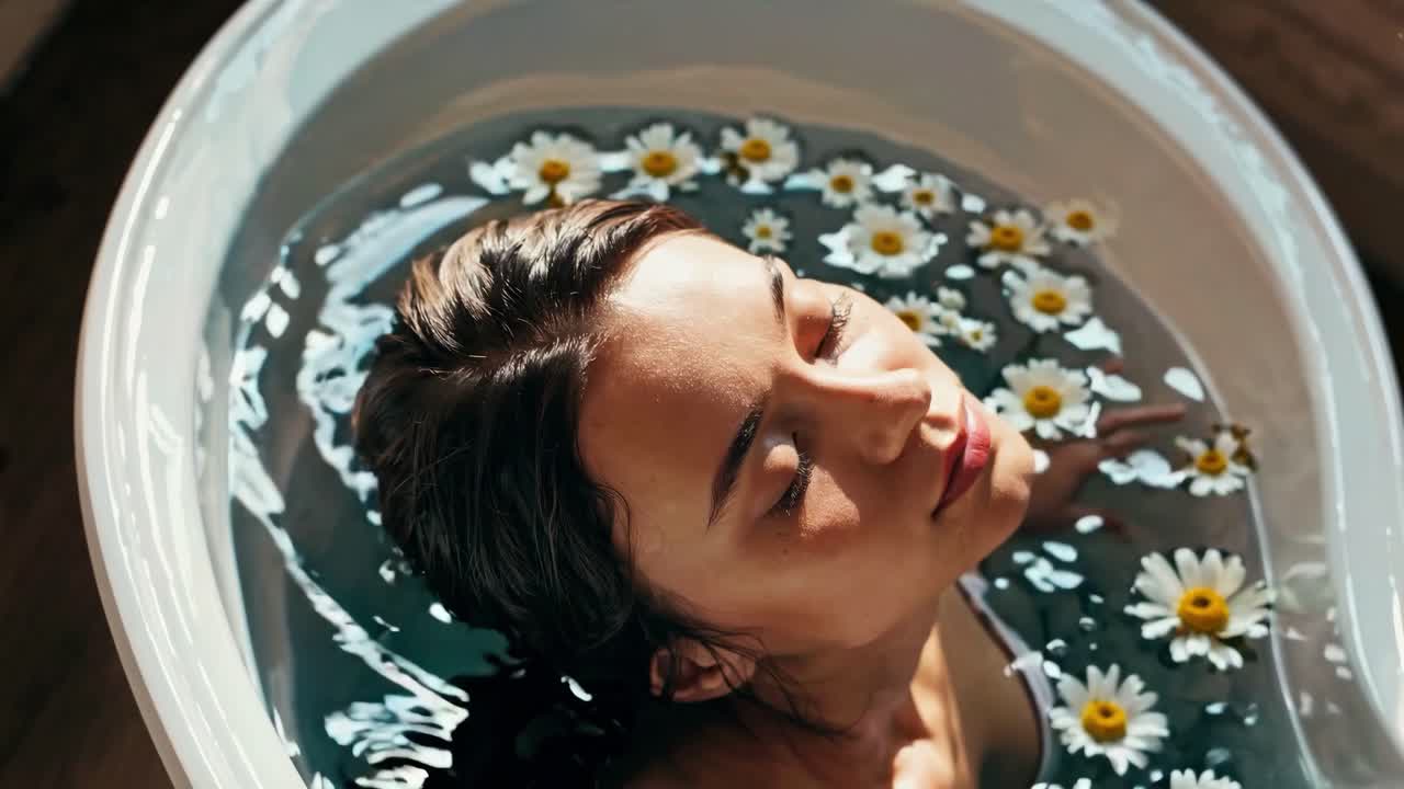 A serene video scene of a woman in a bathtub with daisies, captured from a high angle