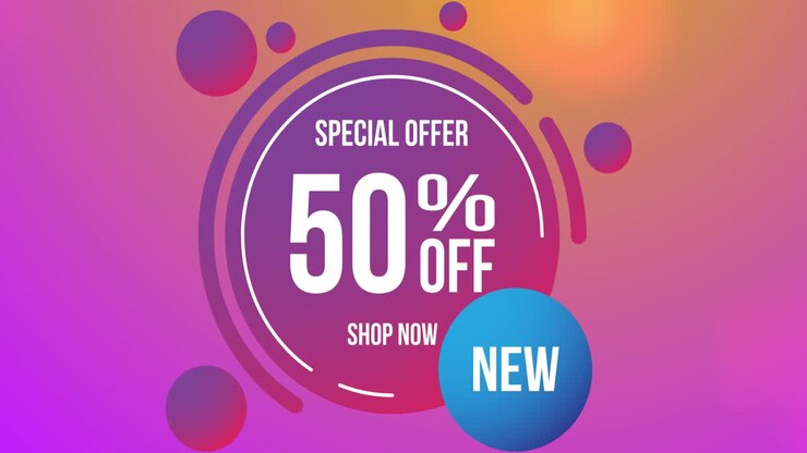 Animazione di testo "50% di sconto" in un cerchio viola su sfondo rosso.