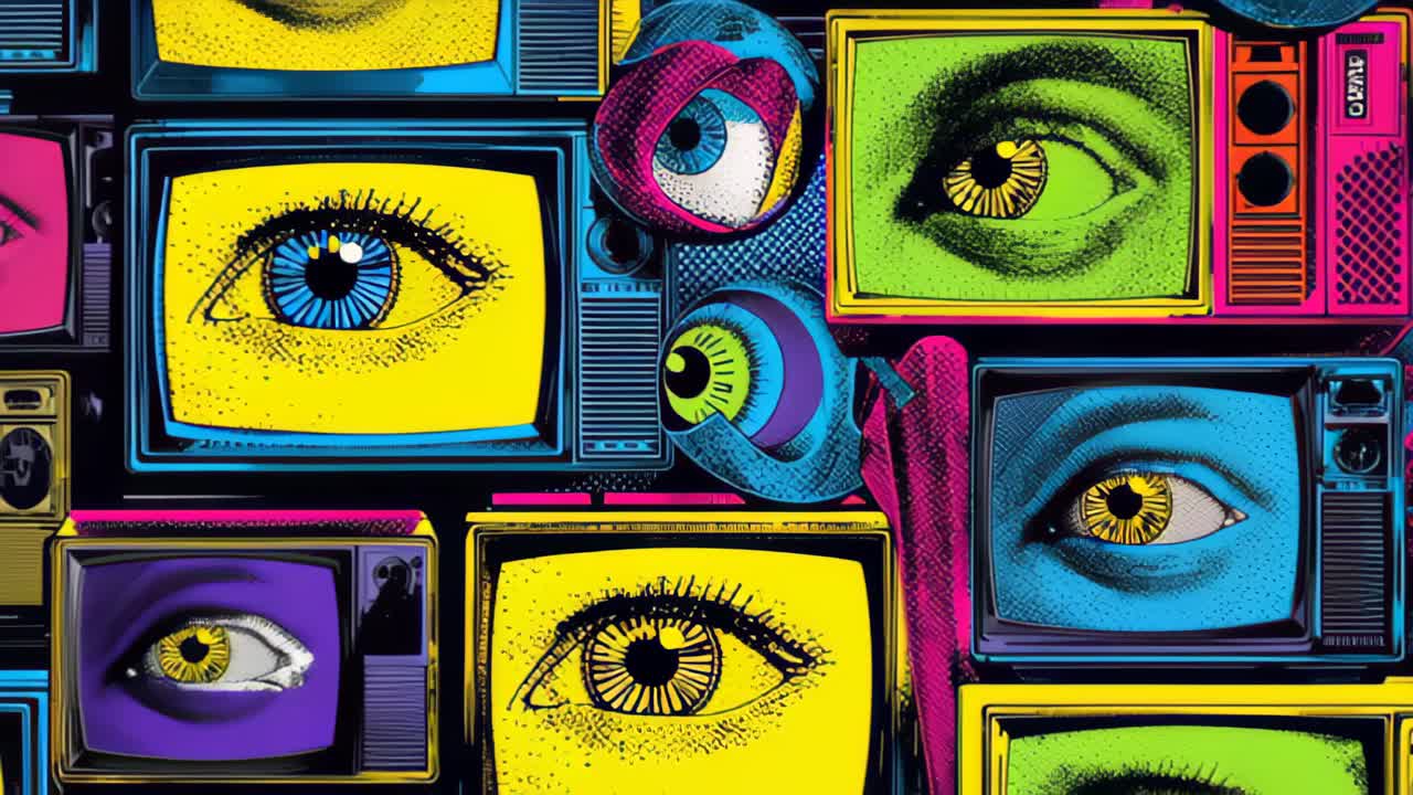 Levende popkunstoptagelser af vintage tv-apparater, der viser stiliserede menneskeøjne, hvilket skaber en surrealistisk overvågnings- og mediekonceptbaggrund med dristige neonfarver.