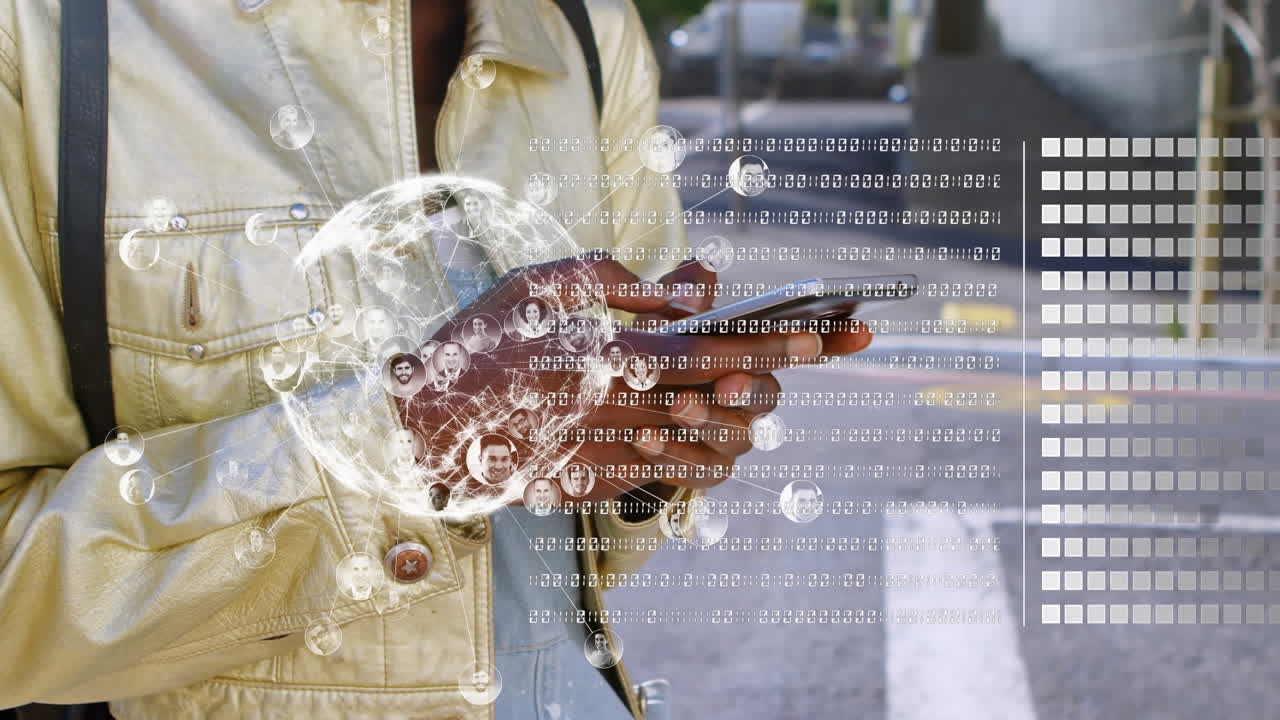 animación de procesamiento de datos y globo sobre mujer afroamericana usando teléfono inteligente