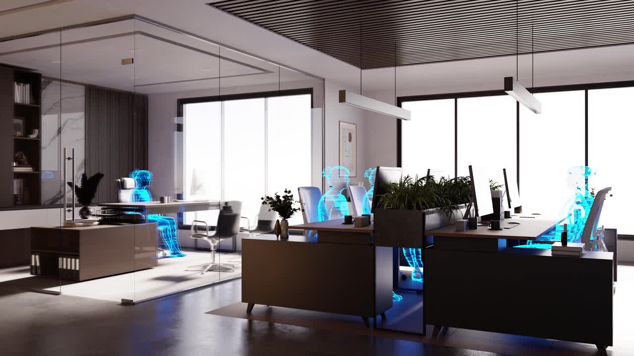 Modern workplace with human holograms sitting on chairs