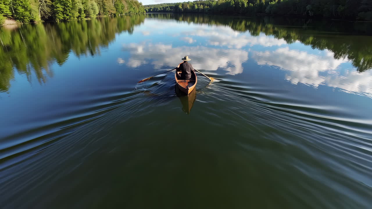 Man Rowing a Canoe on a Calm Lake
