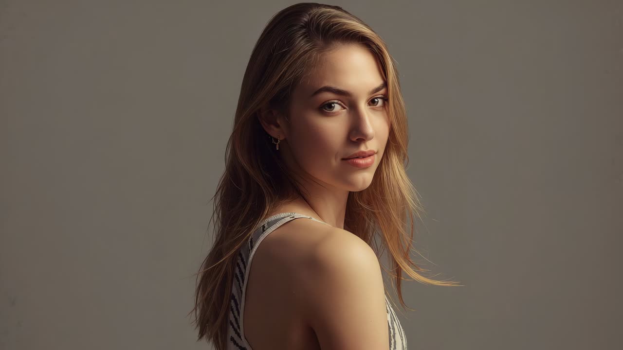 Rotating model on camera cue, turning head and posing portrait with zebra top and studio backdrop