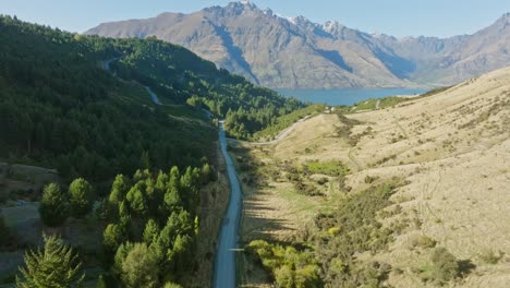 aerial view of mountainous landscape and calm, placid moke lake in the remote wilderness of otago, south island of new zealand aotearoa