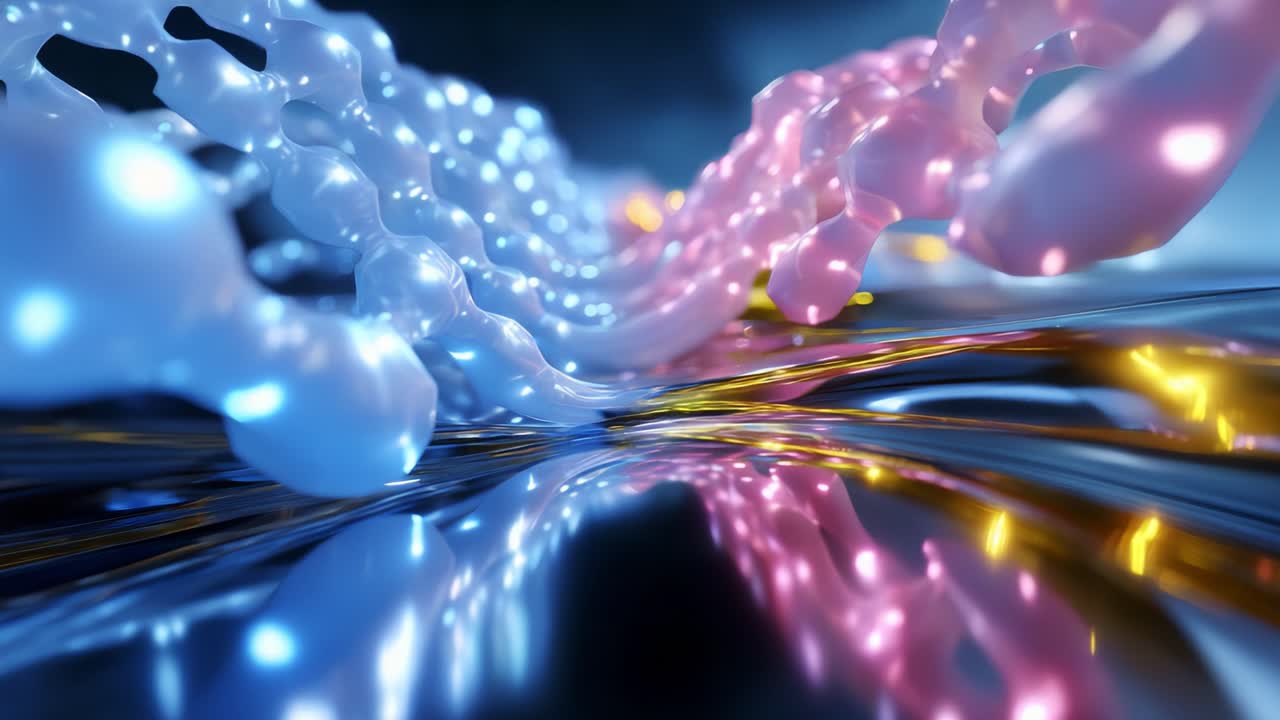 A mesmerizing digital landscape showcasing fluid abstract forms in vibrant blue, pink, and gold colors, creating an illusion of movement and depth, emphasizing the beauty of light reflections and futuristic aesthetics