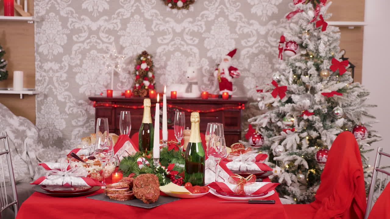 Festive Christmas Dinner Table Setting with Decorated Tree