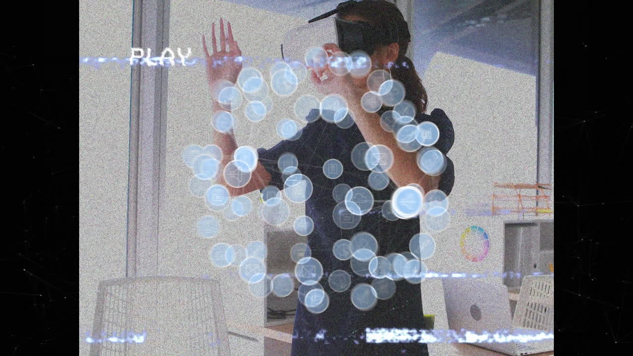vr 헤드 ⁇ 을 착용한 사업가 여성 위의 디지털 아이콘 네트워크의 애니메이션