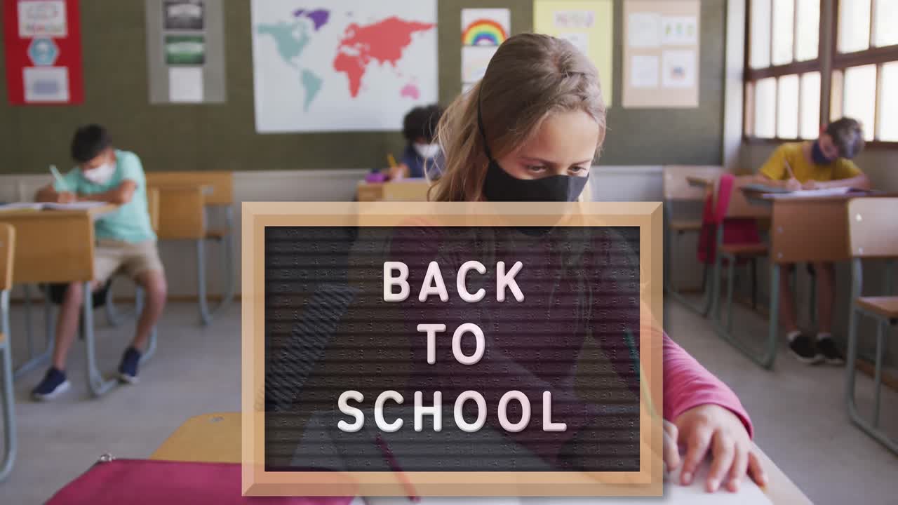 Animation of back to school text over female teacher and school children at school