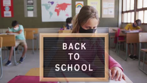 animación del texto de regreso a la escuela sobre maestras y escolares en la escuela