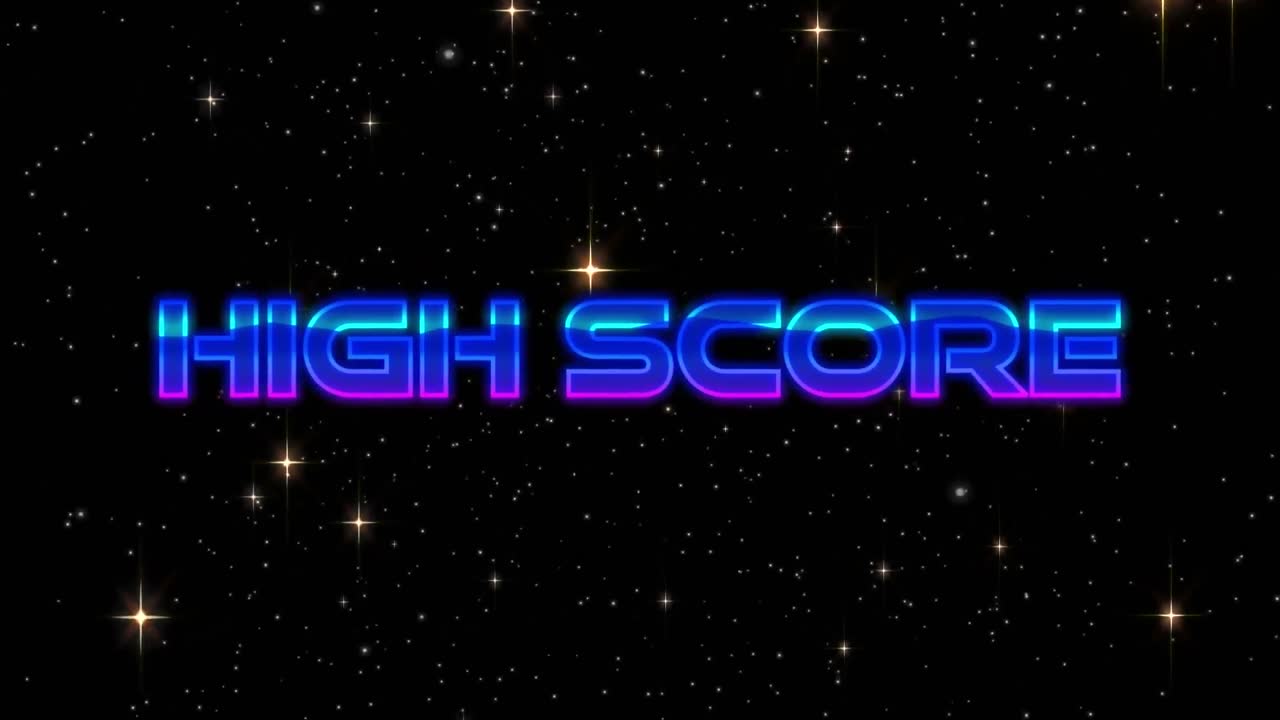 Animation af high score-tekst over sne og stjerner på sort baggrund