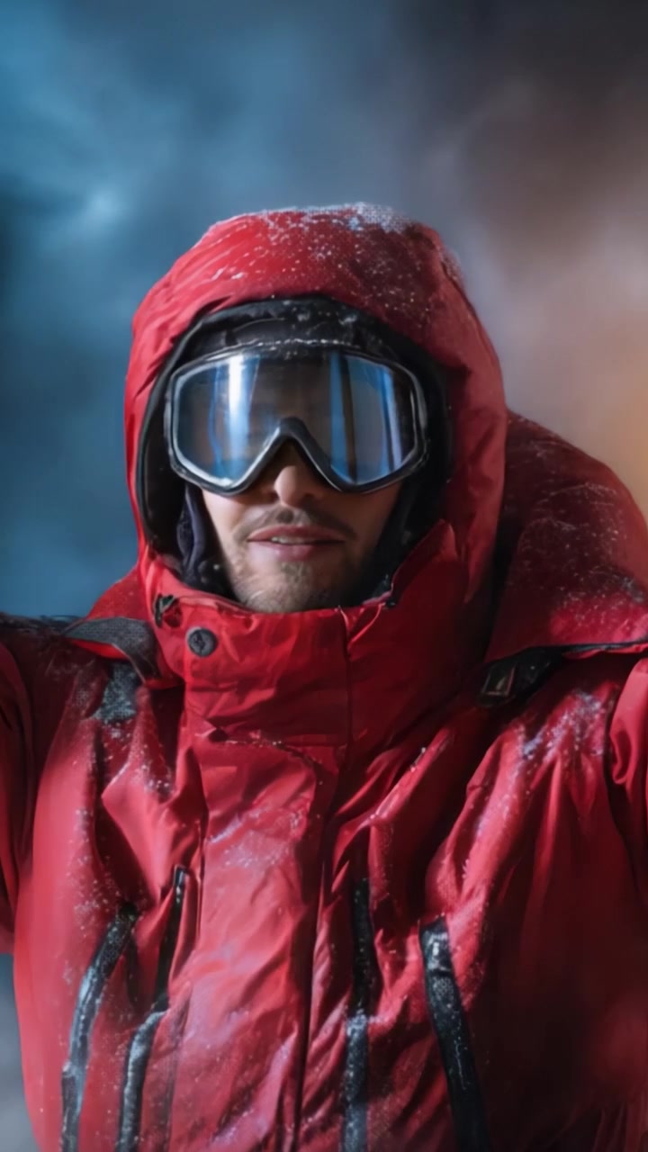 Un Avventuriero Determinato in un Abbigliamento Invernale Rosso che Sopravvive a Condizioni Meteorologiche Avverse con Equipaggiamento Protettivo, Pronto per Esplorazioni e Attività in Condizioni di Freddo Estremo
