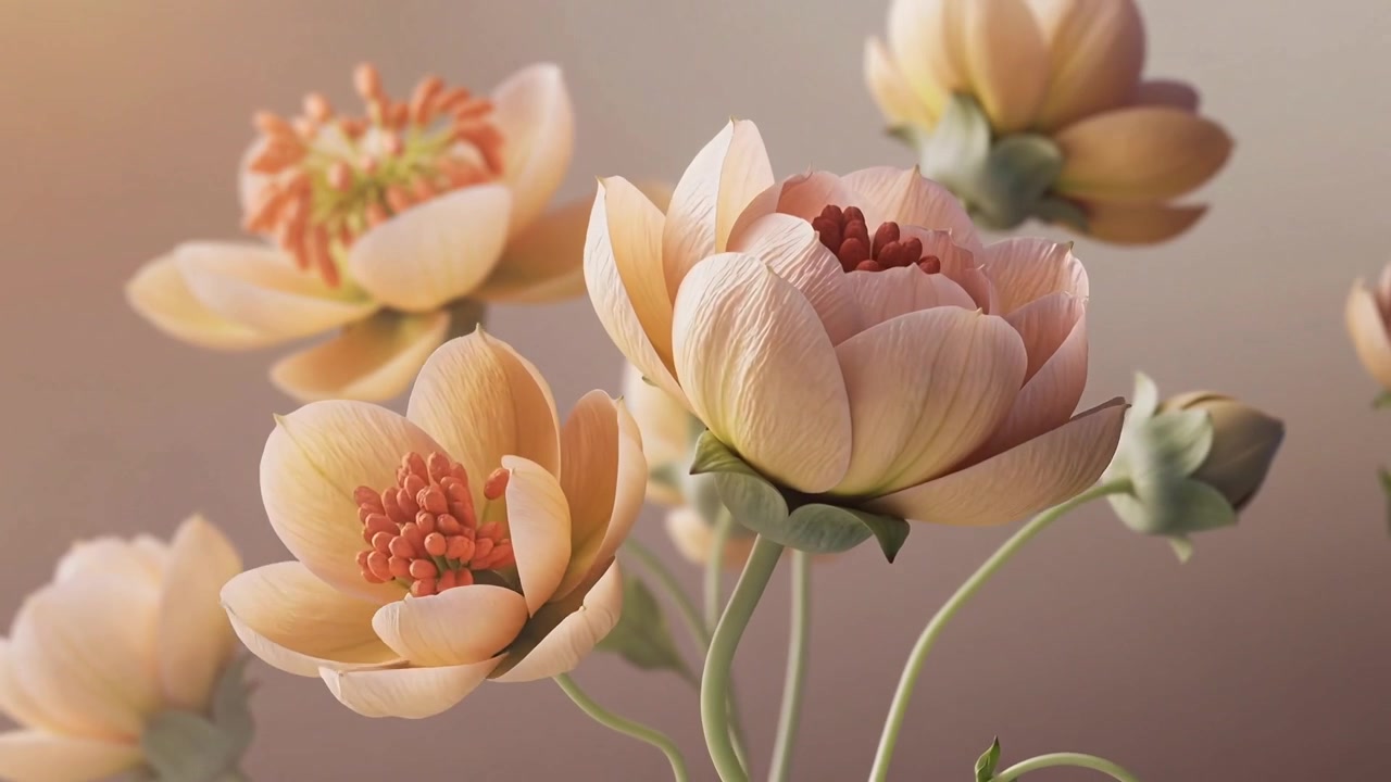 Telecamera in movimento che rivela fiori e boccioli rosa pesca in studio, mostrando la texture dei petali e gli stami.