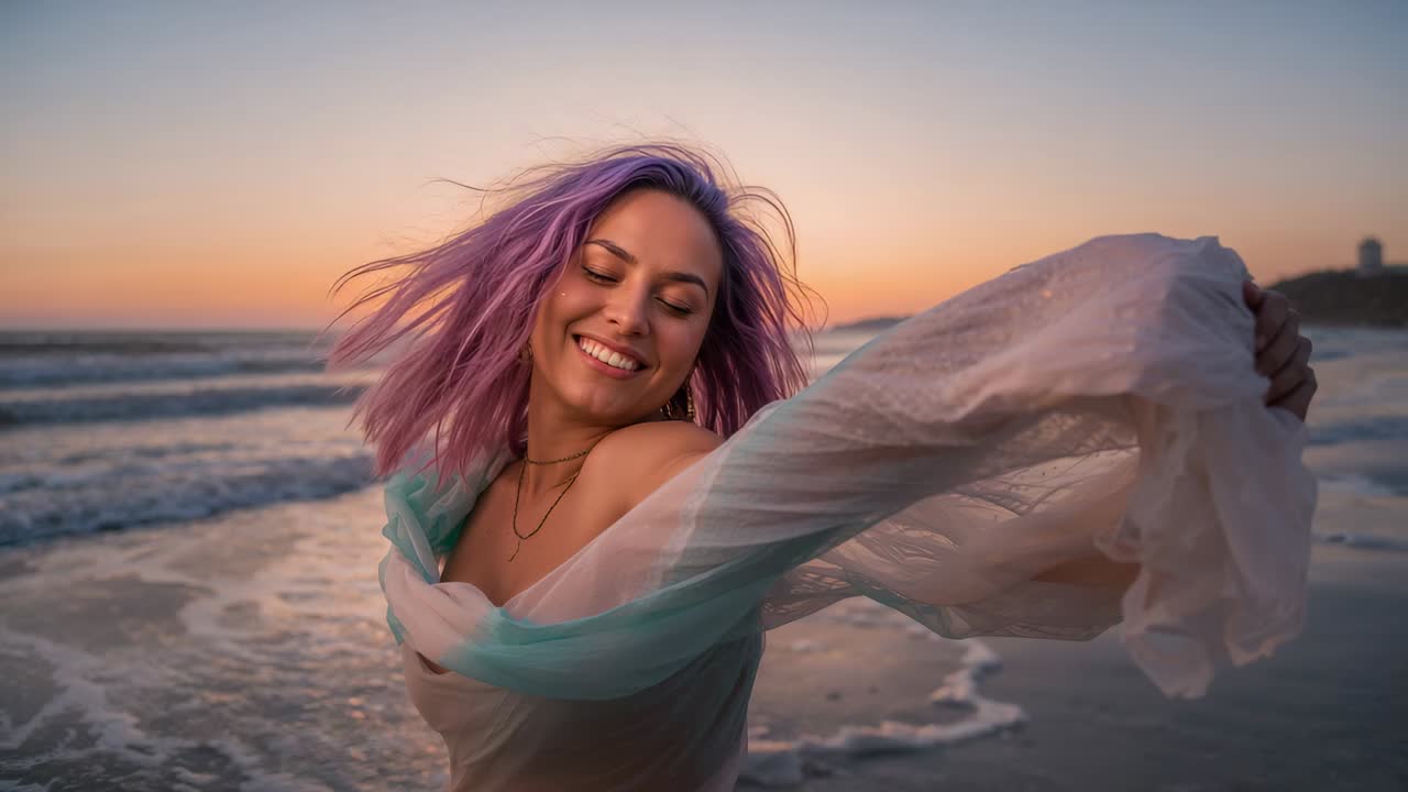 Donna sorridente senza spalline che muove una sciarpa svasata sulla spiaggia al tramonto, godendosi la brezza che le solleva i capelli