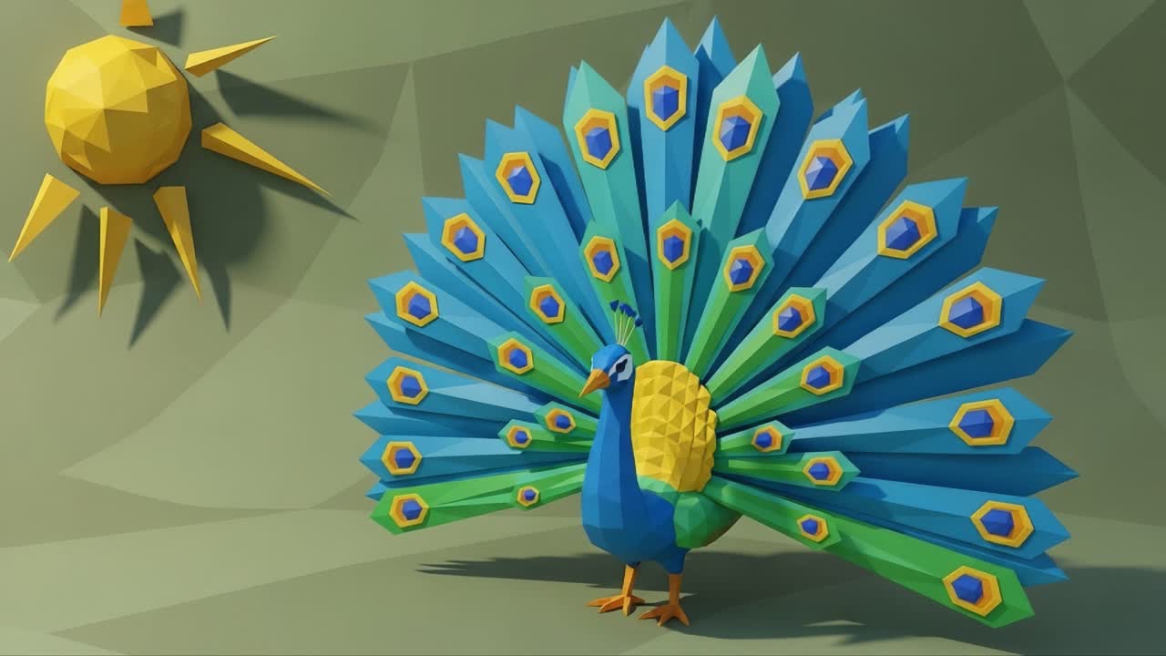 A Vibrant Artistic Representation of a Peacock Displaying Its Colorful Feathers Under a Stylized Sun in a Geometric Style Setting