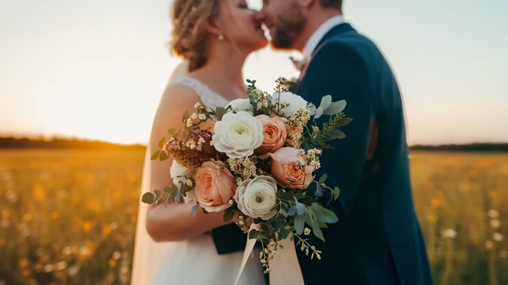Romantic close-up video angle of a couple kissing, focusing on a vibrant bridal bouquet