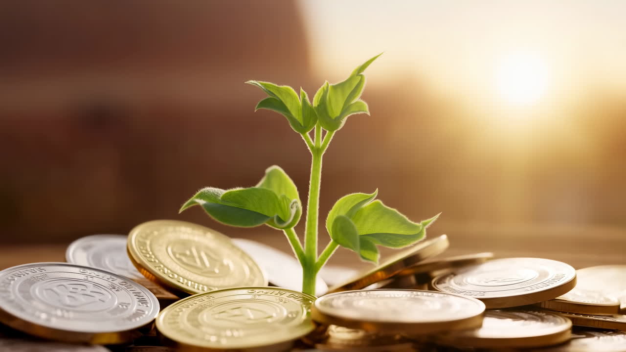 Brote Verde Joven Entre Monedas, Contraluz Cálido de Amanecer, Primer Plano Suave de Plántula Emergiendo de Monedas Apiladas