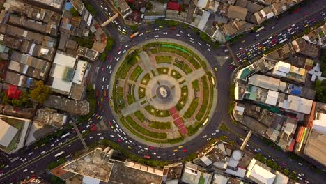 Wongwian Yai roundabout. Aerial view of highway junctions. Roads shape circle in structure of architecture and technology transportation concept. Top view. Urban city, Bangkok Downtown, Thailand.
