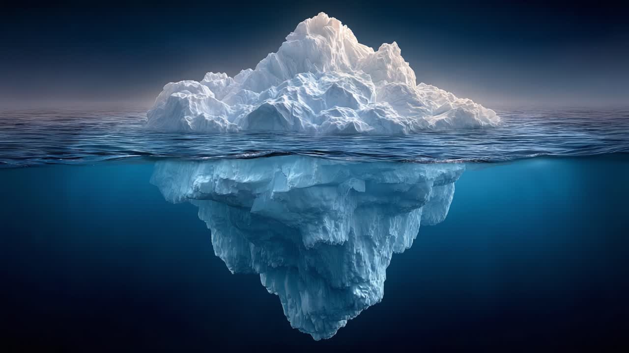 A Majestic Iceberg Highlighted by Ethereal Lighting, Showcasing Its Form Above and Below the Water's Surface in a Serene Oceanic Landscape