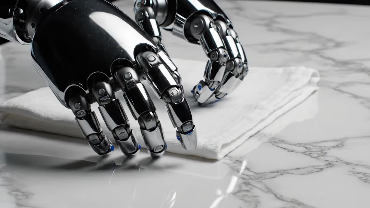 Robot hand interacting with a cloth on a marble surface