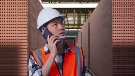 close up of asian male engineer with safety helmet talking on smartphone while standing with red brick packed in stacks are stored