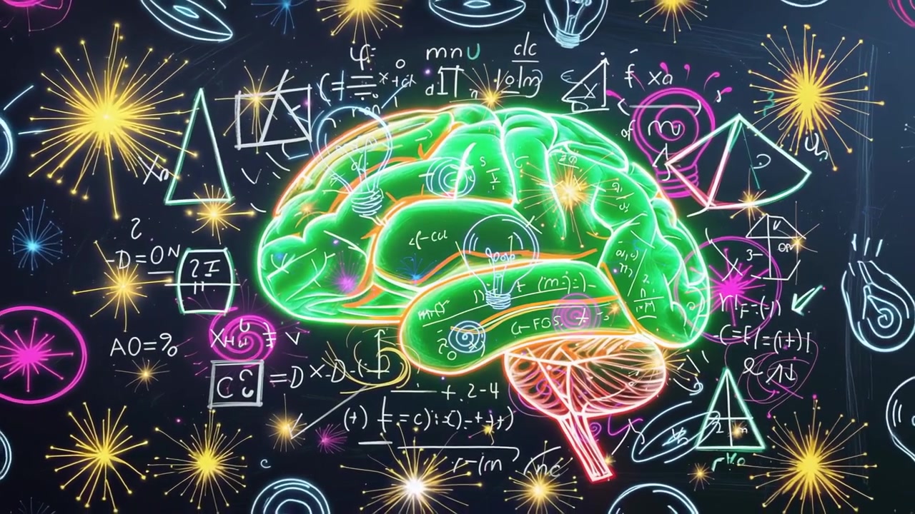 Animating neon brain pulsing glow on chalkboard with formulas and doodles and flickering starbursts