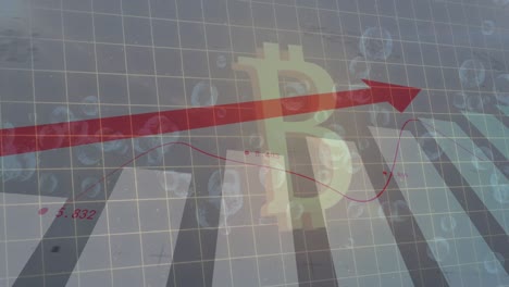 Animation-of-financial-data-processing-with-red-arrow-ascending-over-glowing-bitcoin-symbol