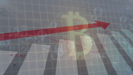 animación del procesamiento de datos financieros con flecha roja ascendiendo sobre el símbolo brillante de bitcoin
