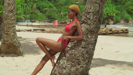 a tropical escape unfolds with a black girl wearing a red bikini on a white sand beach in the caribbean lean on a tree