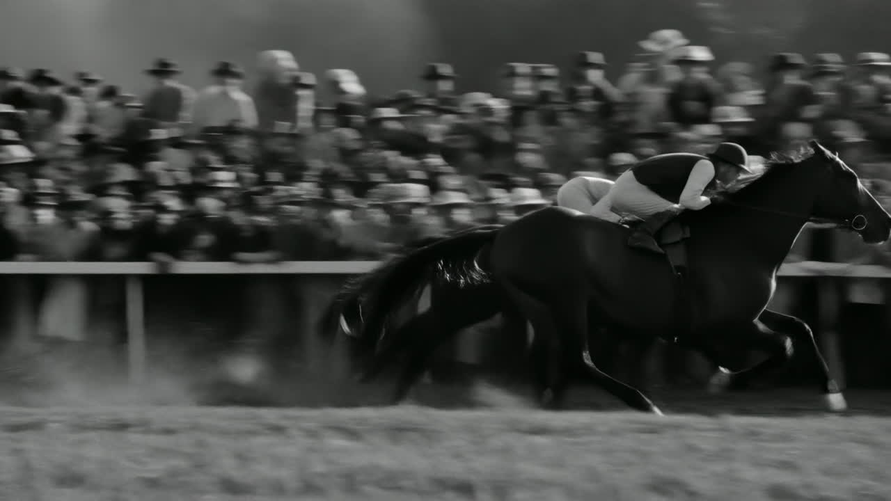 Jockeys væddeløber med fuldblodsheste ved tribunen, filmisk monokrom afslutning med støvskyer, nærbillede.