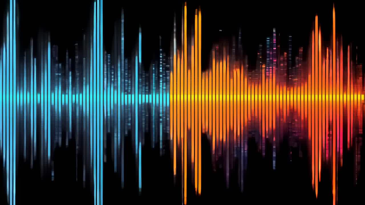 Colorful digital soundwave visualization with vertical bars in blue, orange, and red on a black