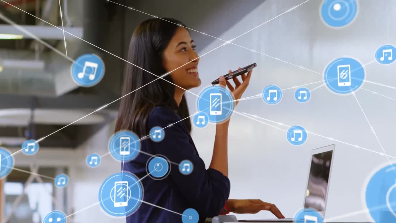 animación de una red de conexiones con iconos sobre una mujer de negocios biracial hablando por teléfono inteligente