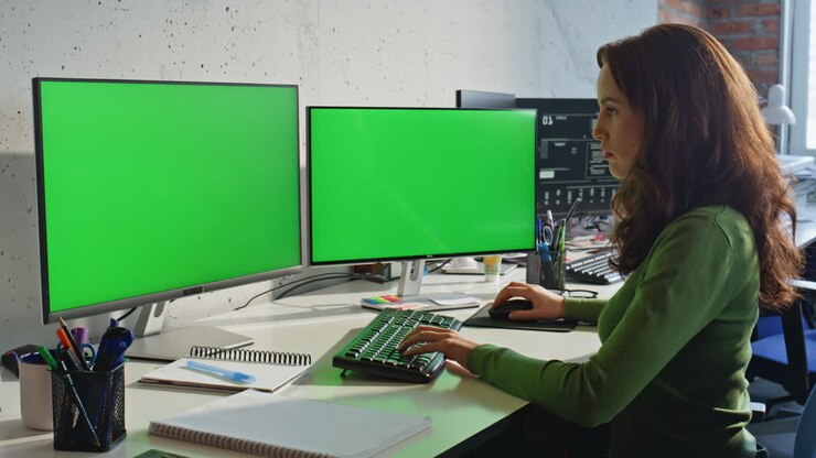Retuschierer arbeitet an Greenscreen-Monitoren und tippt auf einer Computertastatur in einem Büro (Nahaufnahme)
