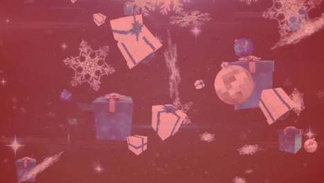 Animation-of-christmas-presents,-balls-and-snow-falling-over-background-with-red-filter