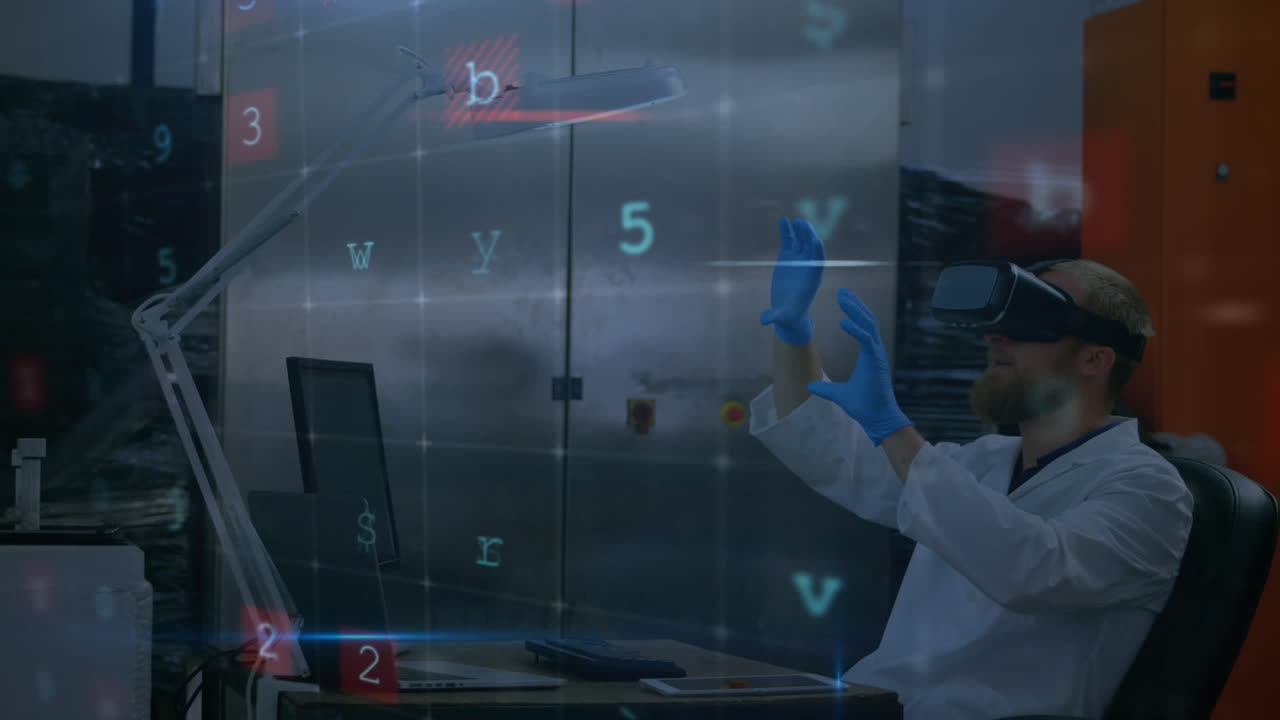 red de advertencia de ataque cibernético sobre científico masculino que lleva auriculares vr