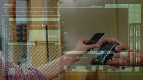 animation of data processing over hands of caucasian woman and man using payment terminal