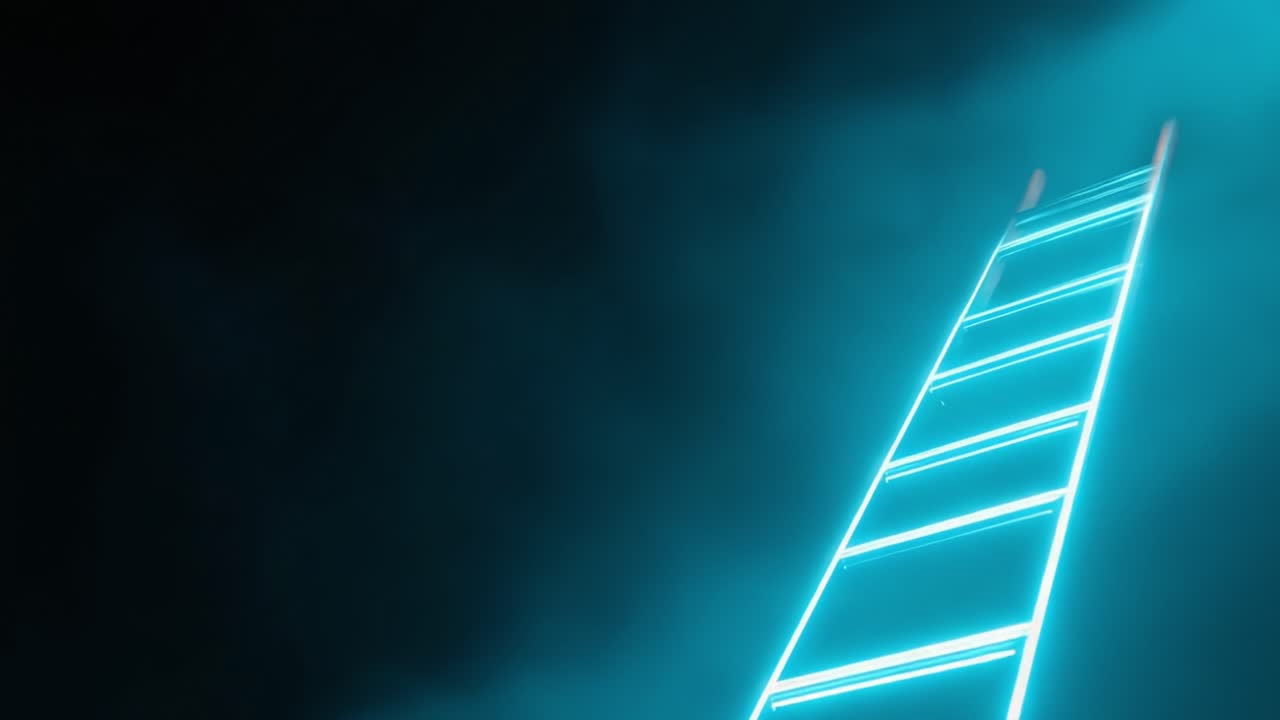 A Mystical Ladder Rising into the Ether: Capturing the Essence of Hope, Ambition, and the Journey Towards the Unknown Illuminated by Ethereal Light in a Darkened Space