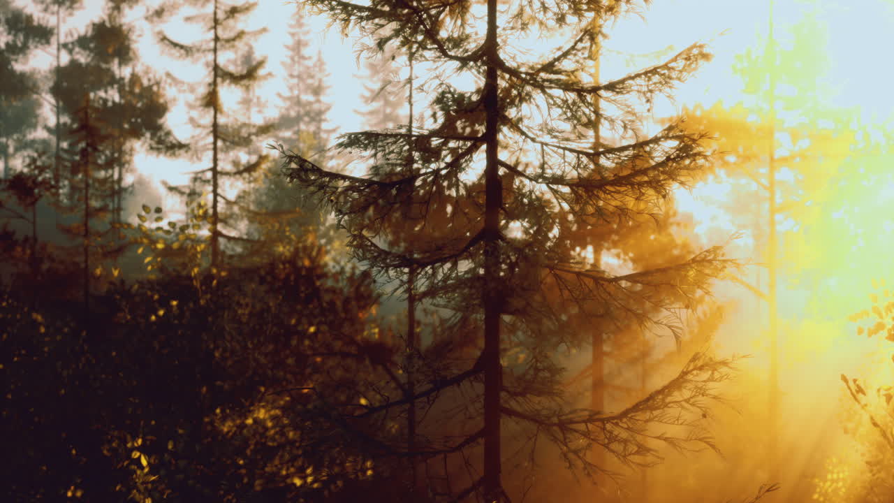Sunlight filtering through trees in a serene forest at dusk