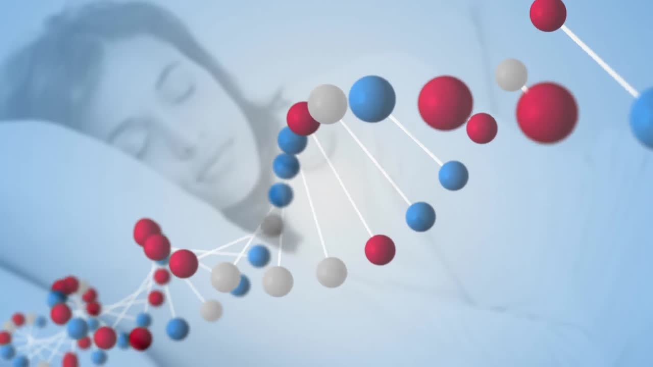animación de una cadena de adn en 3d girando sobre una mujer dormida