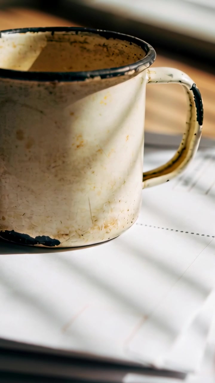Vertical video: Tightening camera frame showing enamel mug on table, capturing window blind shadows