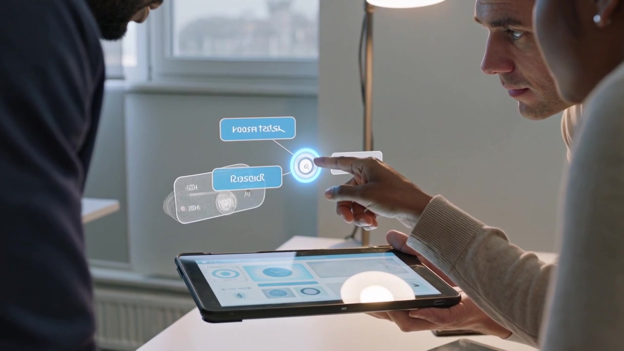 En trio i trøjer rækker en tablet videre, læner sig og vælger en dashboard-indstilling på en AR-vælger på et kontor.