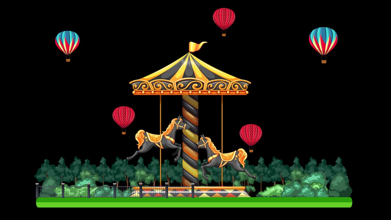 A vintage carousel rotates amidst green trees while colorful hot air balloons float above