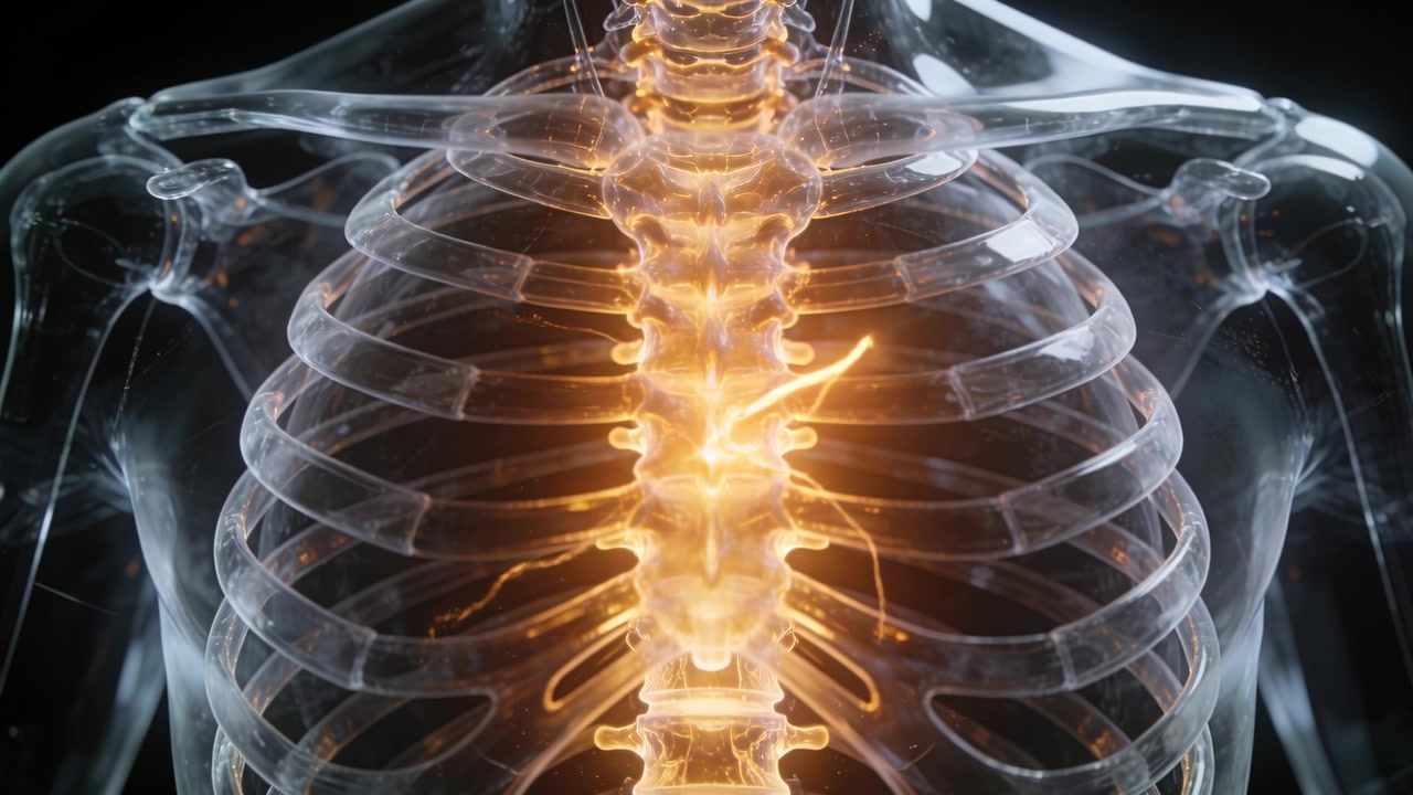 Pulsing central glow starting, clear ribs rendering in lab lighting nerve roots illustrating spine