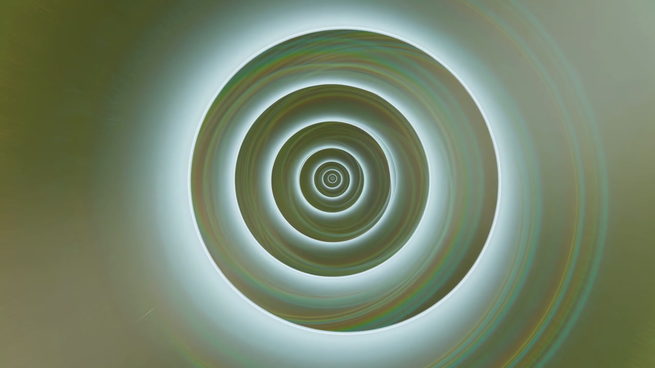Hypnotic Concentric Rings Tunnel Effect, Glowing Green Rings Rotate Inward With Soft Radial Blur And Subtle