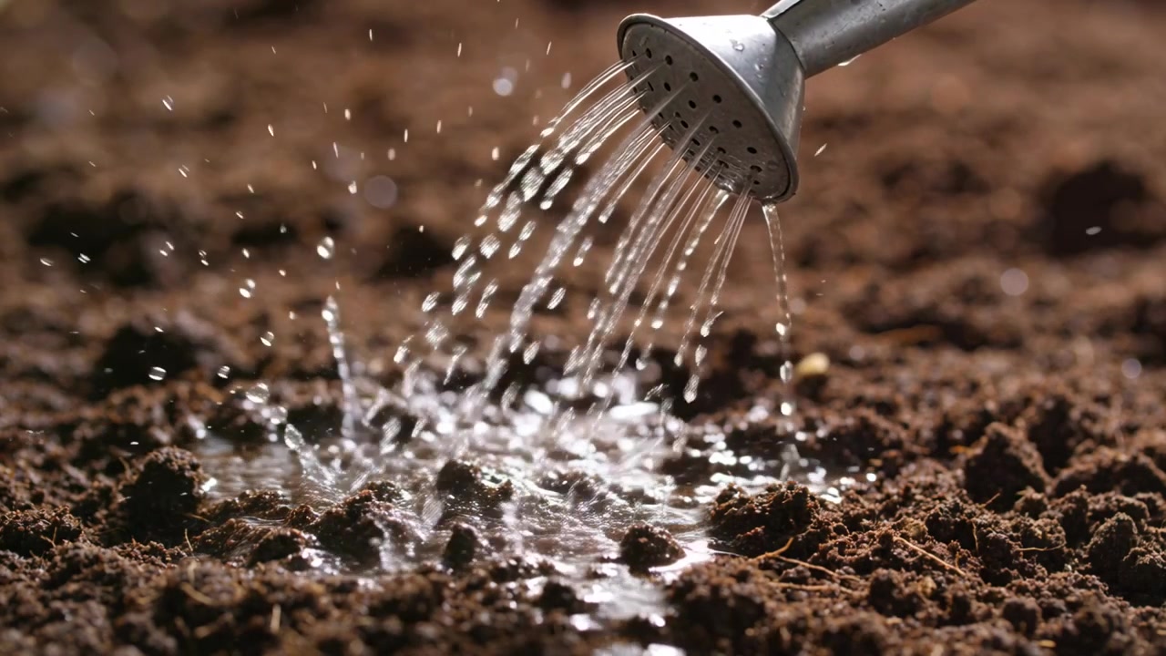 Ugello a rosa di un annaffiatoio metallico che spruzza getti d'acqua dopo l'apertura sul terreno marrone, bagnando la superficie.